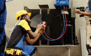 Technician servicing an HVAC system using pressure, level, and flow instruments to ensure optimal performance and efficiency.